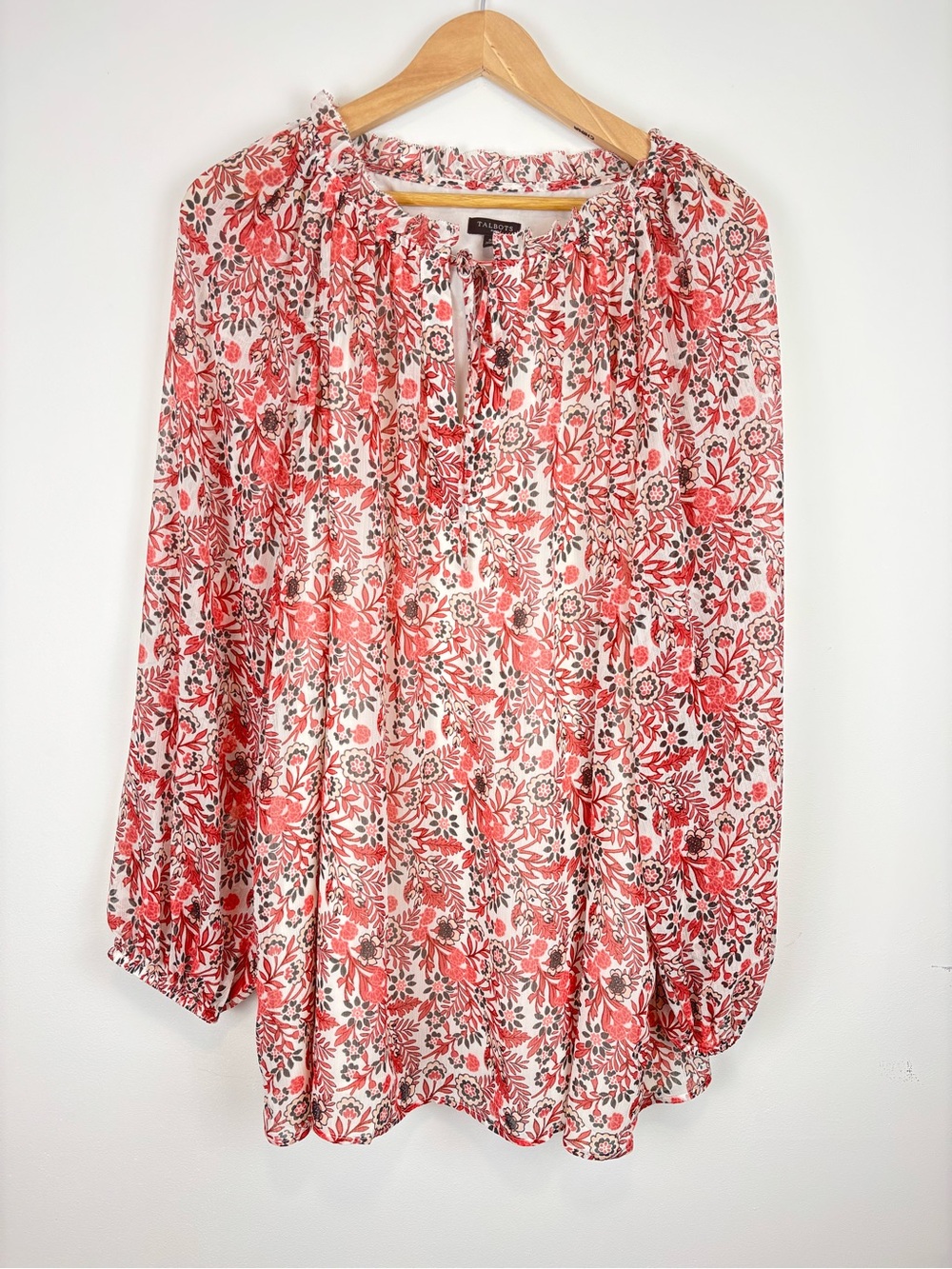 Talbots Plus 2X Floral Peasant Blouse Boho Sheer Tie Neck Long Sleeve Flowy Top